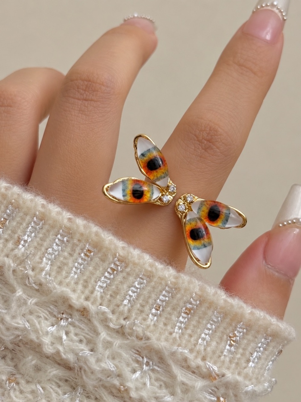 Schiaparelli inspired Gold Butterfly Open Ring with Orange Accent Wings